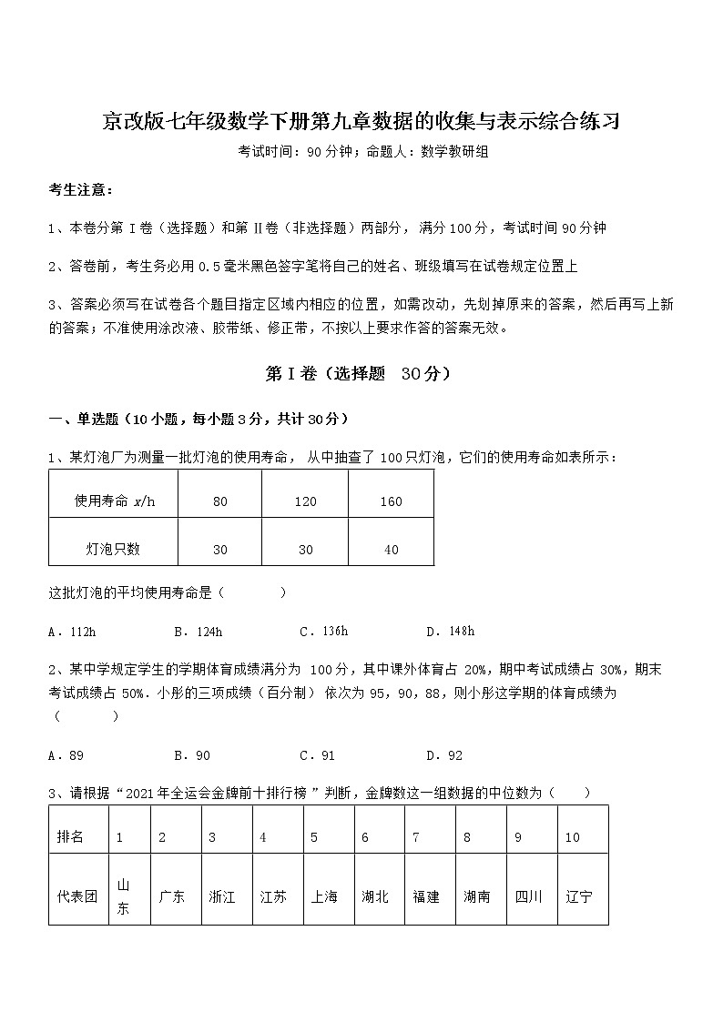 精品试卷：京改版七年级数学下册第九章数据的收集与表示综合练习试题（含详细解析）第1页