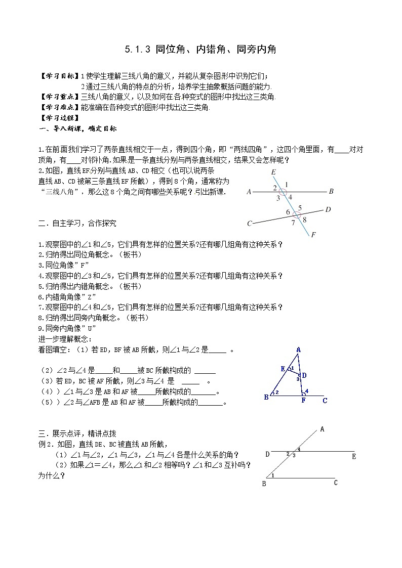 华东师大版数学七年级上册 5.1.3 同位角、内错角、同旁内角 (2) 教案01