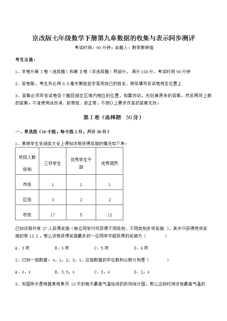 精品解析2021-2022学年京改版七年级数学下册第九章数据的收集与表示同步测评练习题（含详解）第1页
