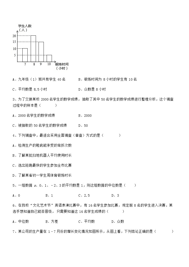 京改版七年级数学下册第九章数据的收集与表示综合训练试题（含解析）第2页