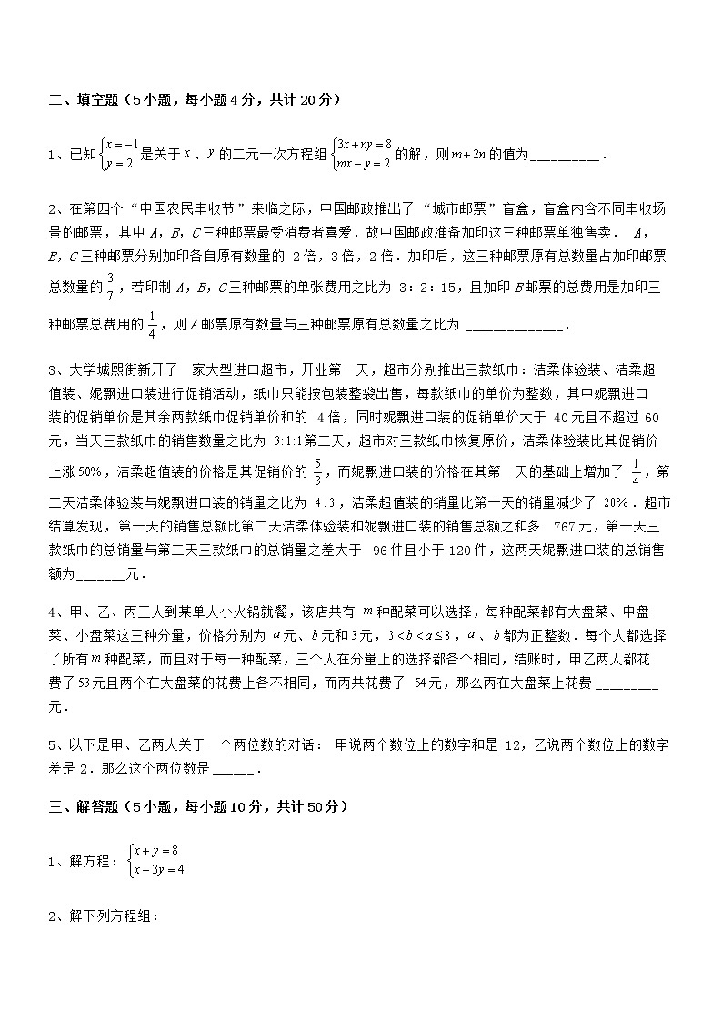 2022年最新京改版七年级数学下册第五章二元一次方程组定向攻克练习题（名师精选）第3页