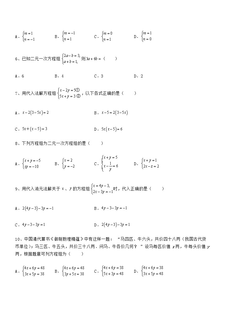 必考点解析京改版七年级数学下册第五章二元一次方程组定向测评试题（名师精选）第2页