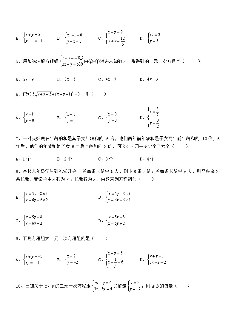 精品解析2022年京改版七年级数学下册第五章二元一次方程组必考点解析试题（精选）第2页