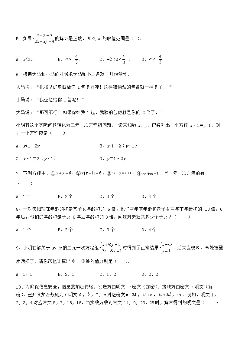 精品解析2022年最新京改版七年级数学下册第五章二元一次方程组专题攻克试题第2页
