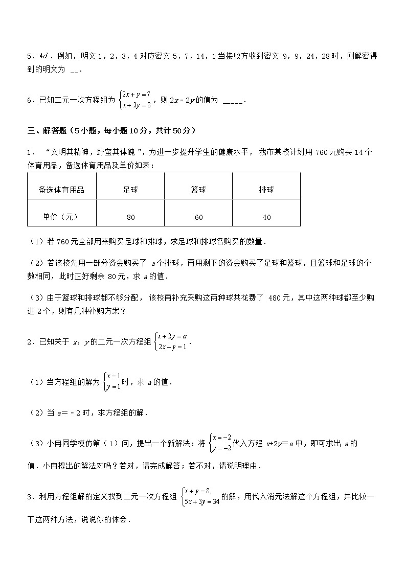 精品试题京改版七年级数学下册第五章二元一次方程组定向训练试题（精选）第3页