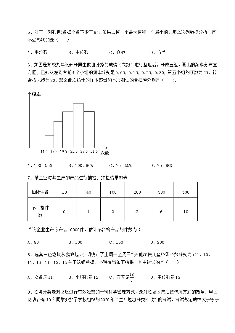 2021-2022学年基础强化京改版八年级数学下册第十七章方差与频数分布专题测评试题（精选）第2页