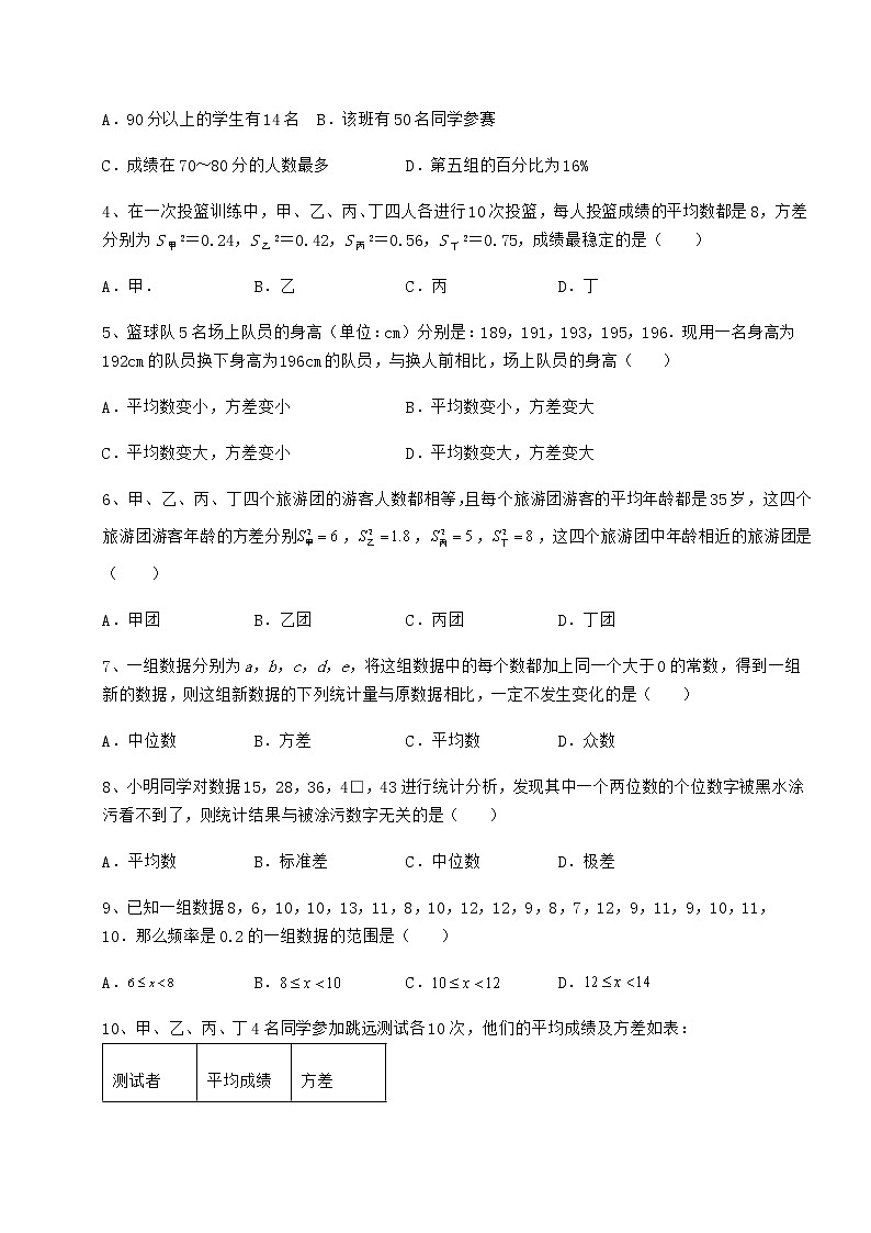 2021-2022学年基础强化京改版八年级数学下册第十七章方差与频数分布章节测试练习题（名师精选）第2页