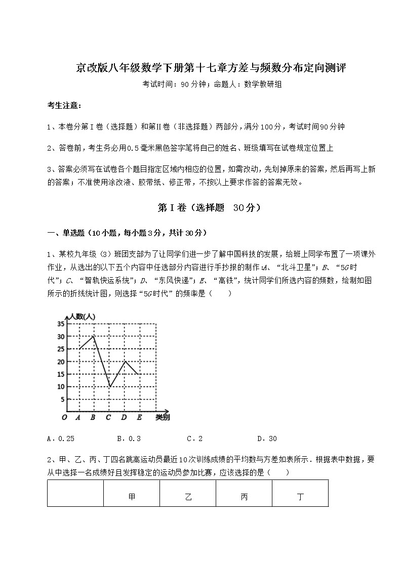 2021-2022学年基础强化京改版八年级数学下册第十七章方差与频数分布定向测评试题（名师精选）第1页