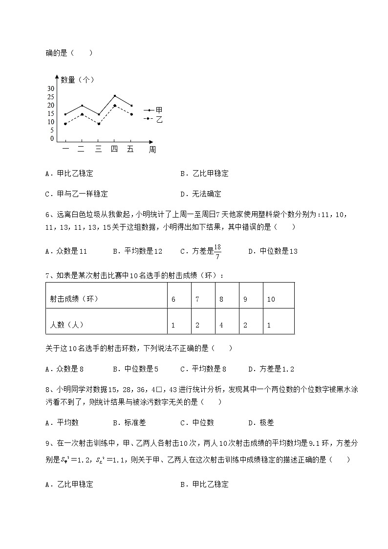 2021-2022学年基础强化京改版八年级数学下册第十七章方差与频数分布达标测试试题（名师精选）第2页