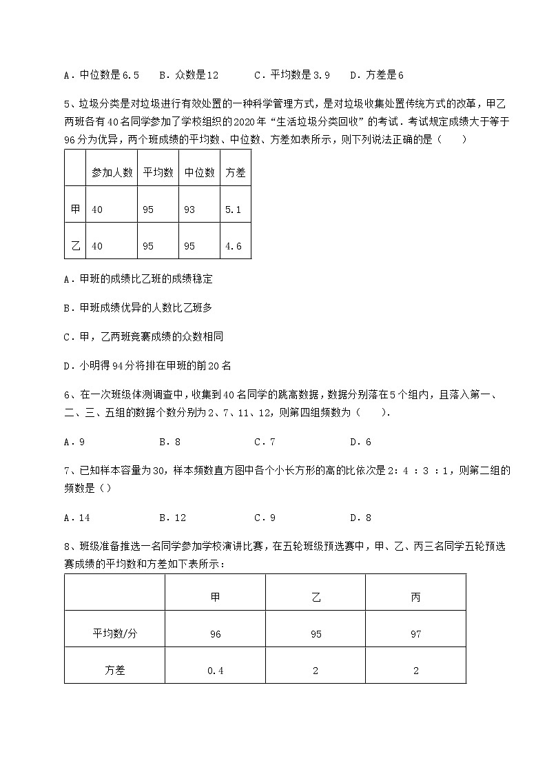 2021-2022学年基础强化京改版八年级数学下册第十七章方差与频数分布综合练习试题（精选）第2页
