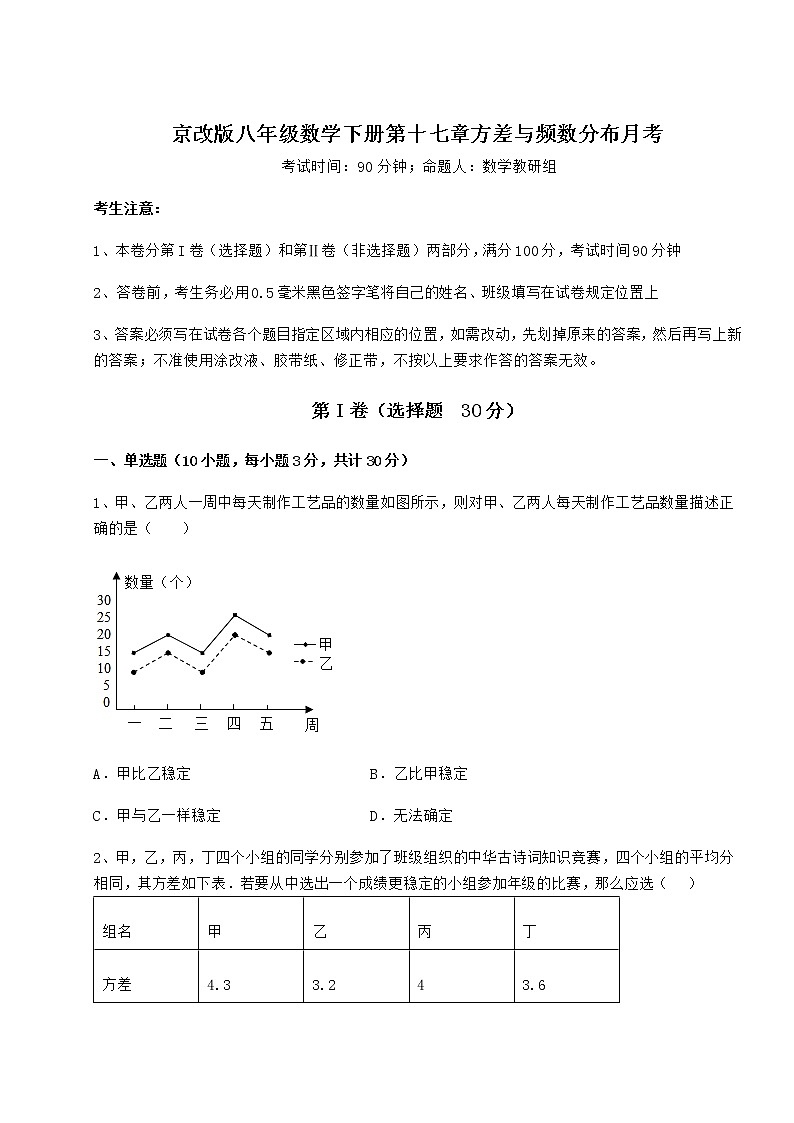 2022年必考点解析京改版八年级数学下册第十七章方差与频数分布月考试题（含详细解析）第1页