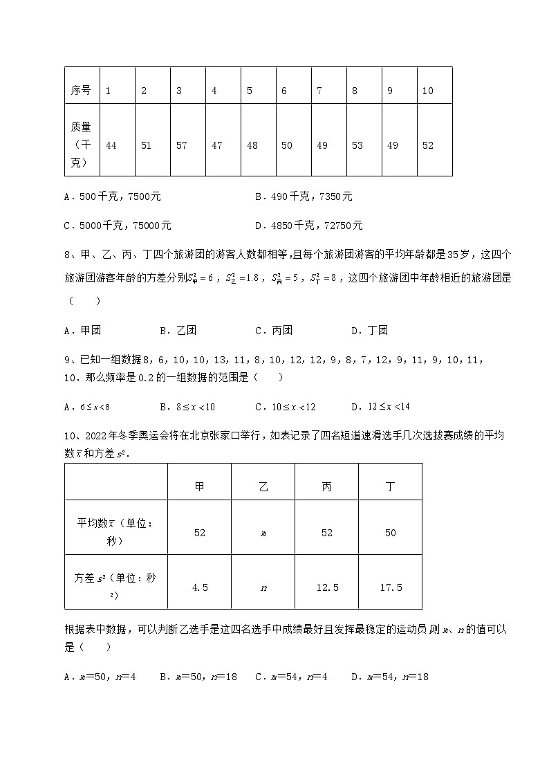 2021-2022学年京改版八年级数学下册第十七章方差与频数分布综合测评试题（含解析）第3页