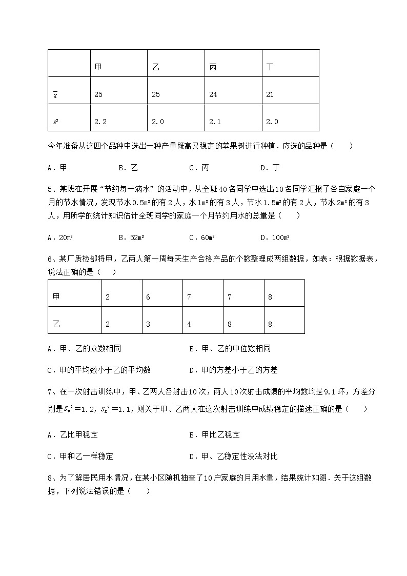 2021-2022学年京改版八年级数学下册第十七章方差与频数分布章节测评试题（含详细解析）第2页