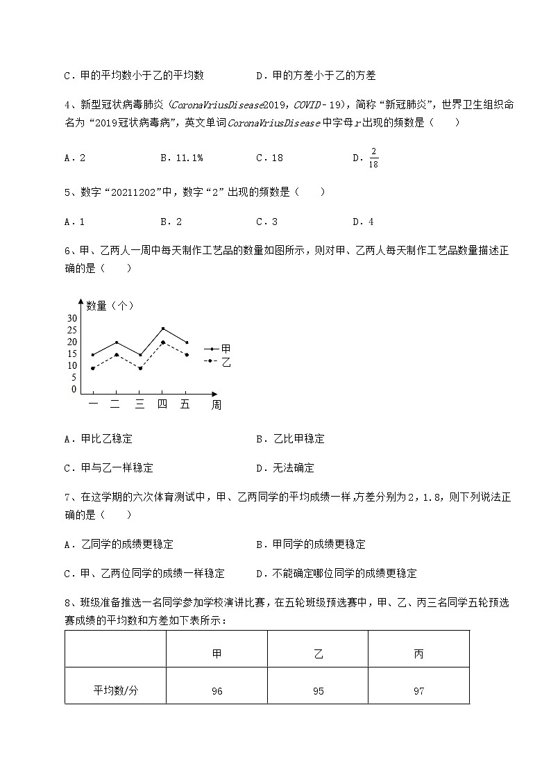 2021-2022学年京改版八年级数学下册第十七章方差与频数分布专题攻克试卷（无超纲带解析）02