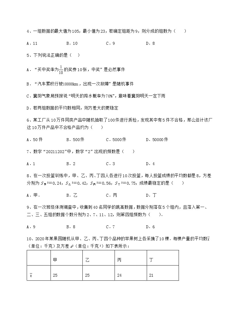2022年精品解析京改版八年级数学下册第十七章方差与频数分布同步测评试卷（含答案解析）第2页