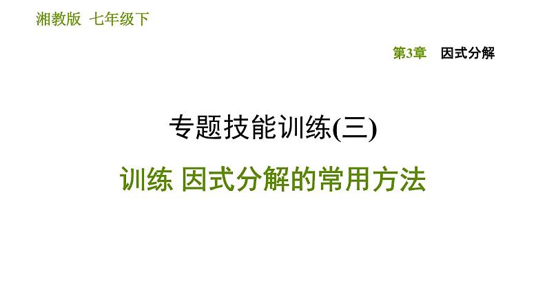 湘教版七年级下册数学 第3章 专题技能训练(三) 训练 因式分解的常用方法 习题课件第1页