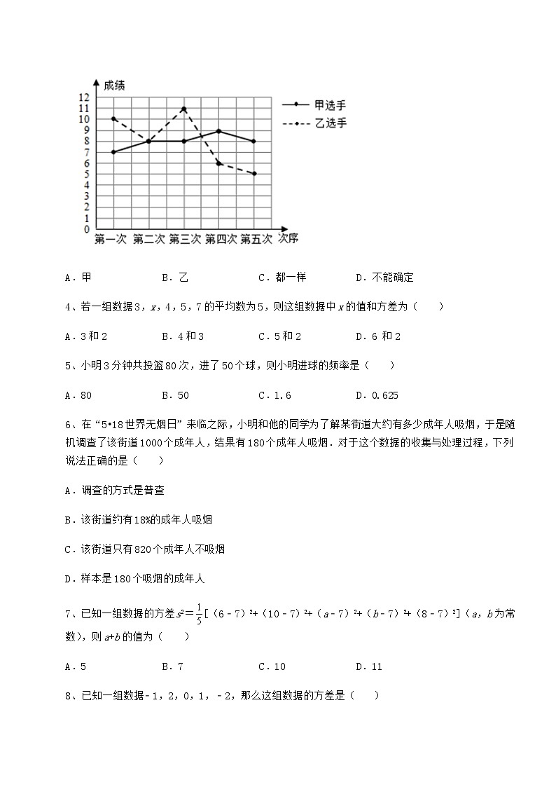 2022年最新京改版八年级数学下册第十七章方差与频数分布章节练习练习题第2页