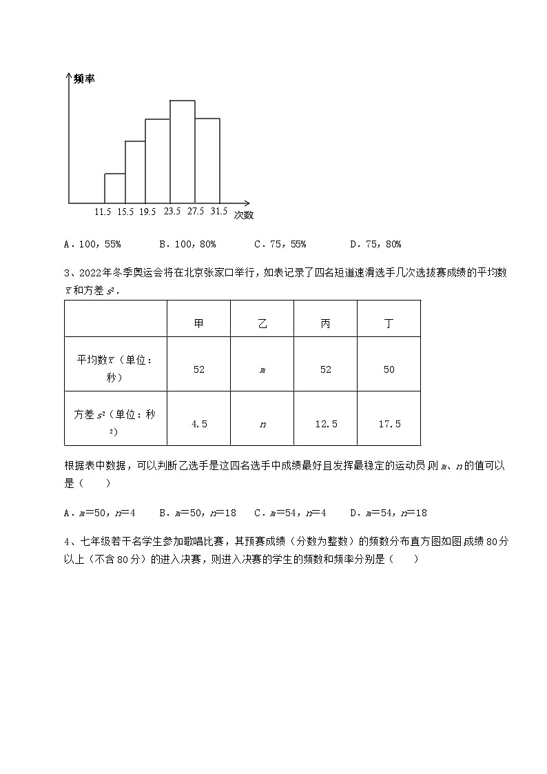 精品试卷京改版八年级数学下册第十七章方差与频数分布达标测试练习题（含详解）02