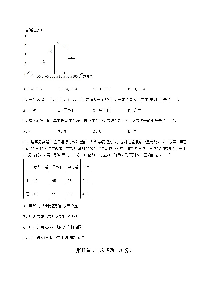 2022年最新强化训练京改版八年级数学下册第十七章方差与频数分布达标测试试卷（含答案详解）03