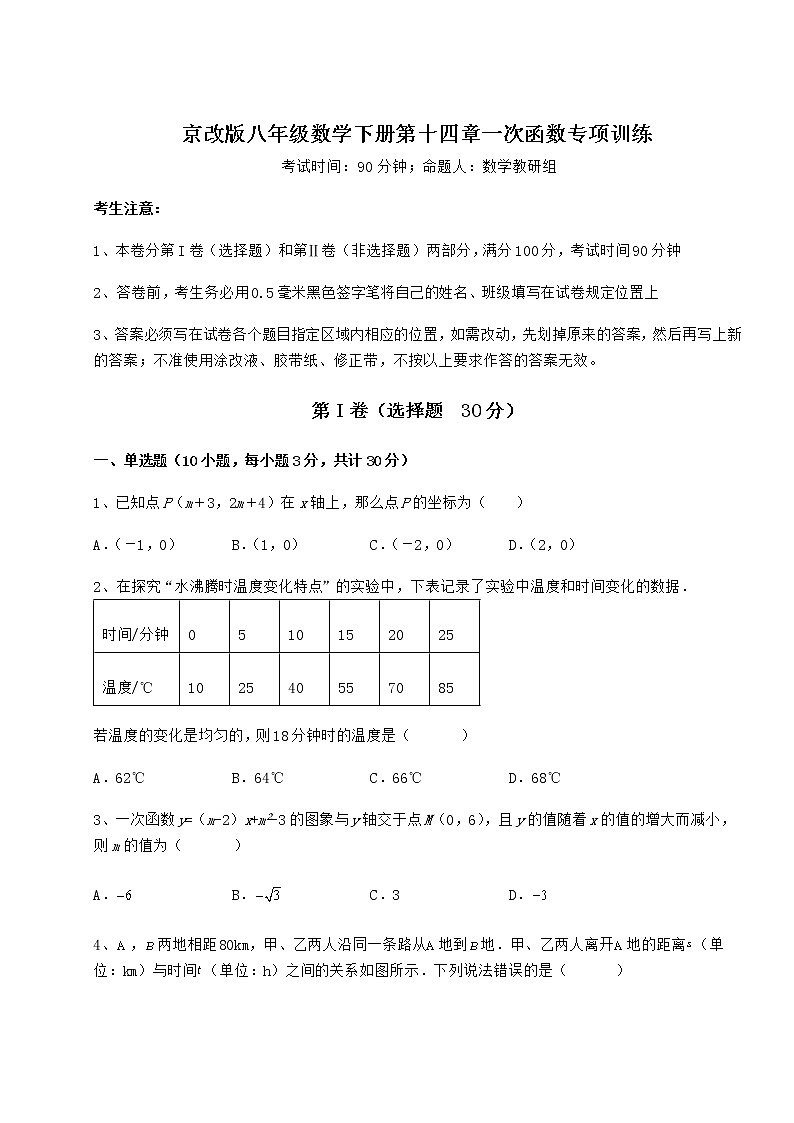 2022年京改版八年级数学下册第十四章一次函数专项训练试题（无超纲）第1页
