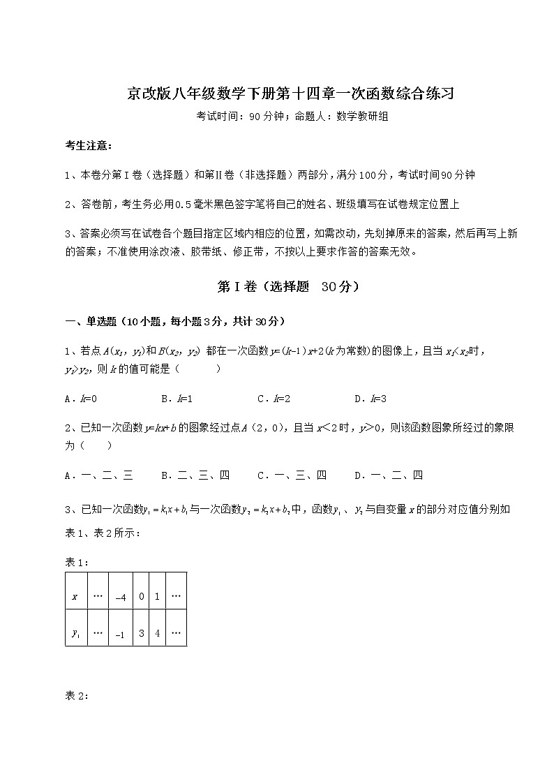 2022年最新强化训练京改版八年级数学下册第十四章一次函数综合练习试题（含解析）第1页
