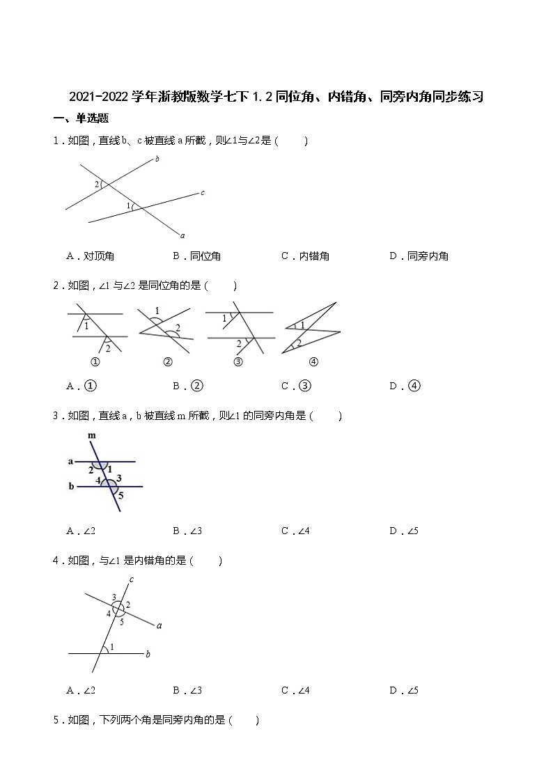 2021-2022学年浙教版数学七下1.2同位角、内错角、同旁内角同步练习第1页