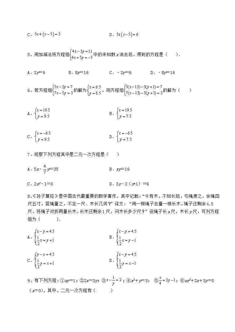 2022年最新精品解析冀教版七年级下册第六章二元一次方程组综合练习试题（精选）第2页