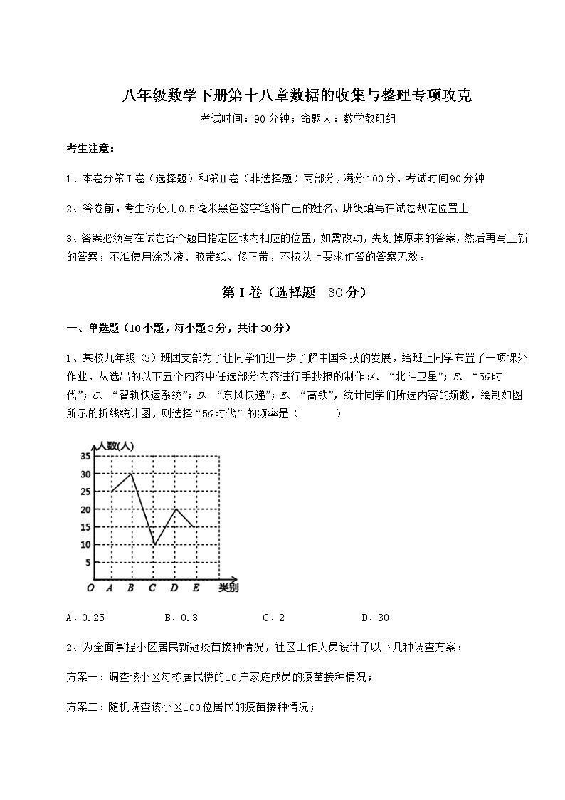 2022年必考点解析冀教版八年级数学下册第十八章数据的收集与整理专项攻克练习题（含详解）第1页