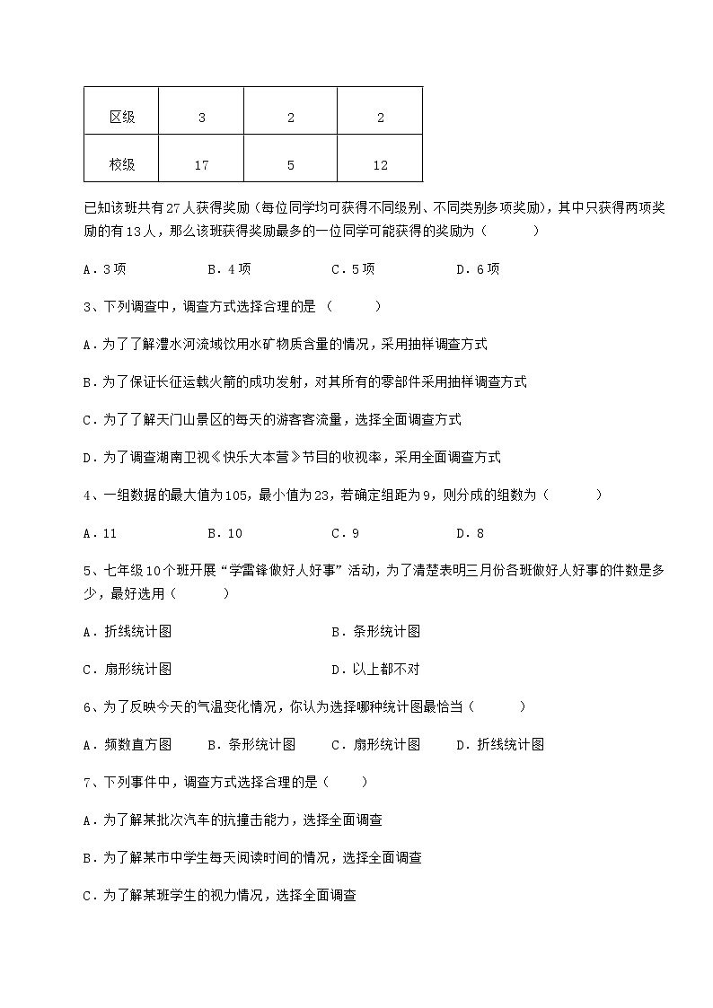 2021-2022学年度强化训练冀教版八年级数学下册第十八章数据的收集与整理课时练习试卷（无超纲）第2页