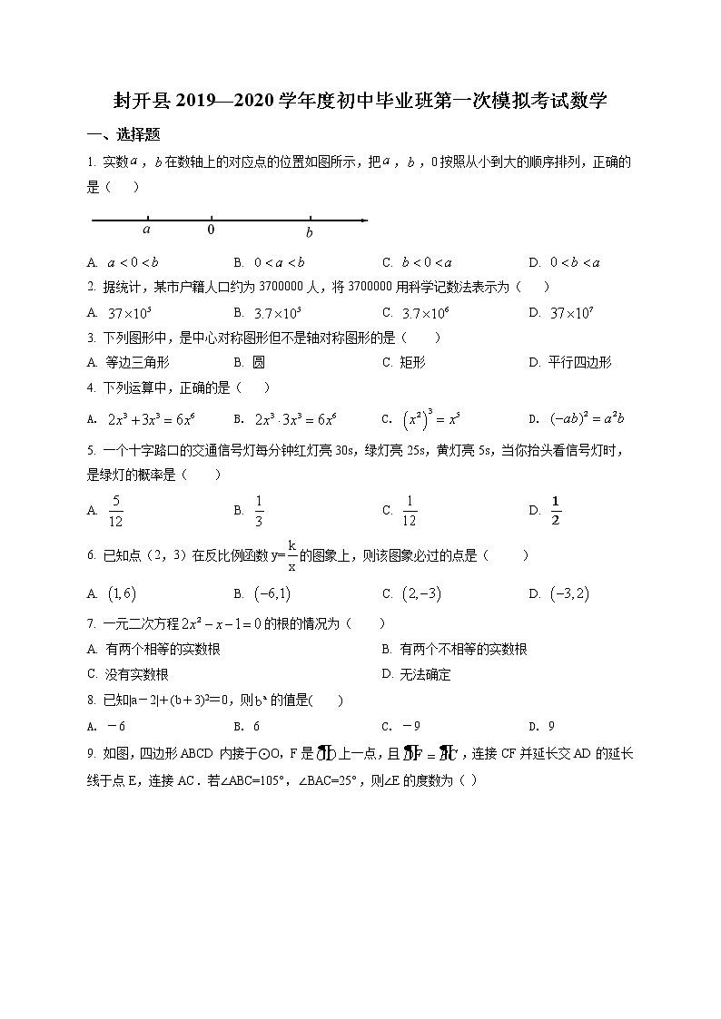 精品解析：2020年广东省肇庆市封开县九年级上学期一模数学试题（原卷版）第1页