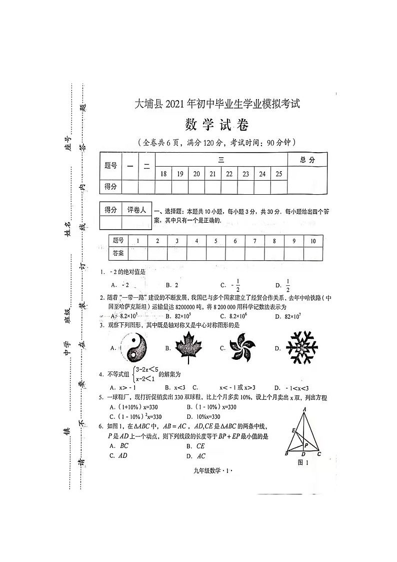 广东省梅州市大埔县2021年初中毕业生学业模拟考试数学试卷 及答案01