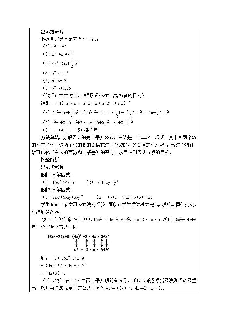 冀教版七年级下册数学 第11章 【教案】 用完全平方公式分解因式第2页