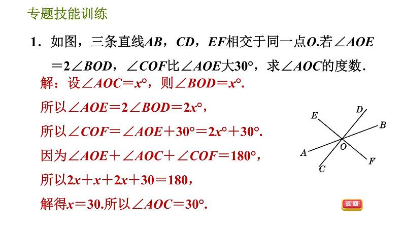 沪科版七年级下册数学 第10章 专题技能训练(九)  1.相交线、平行线中角的计算的四种常见类型 习题课件第3页