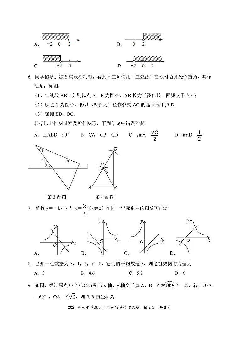 2021年山东省滨州市无棣县中考二模数学试题第2页