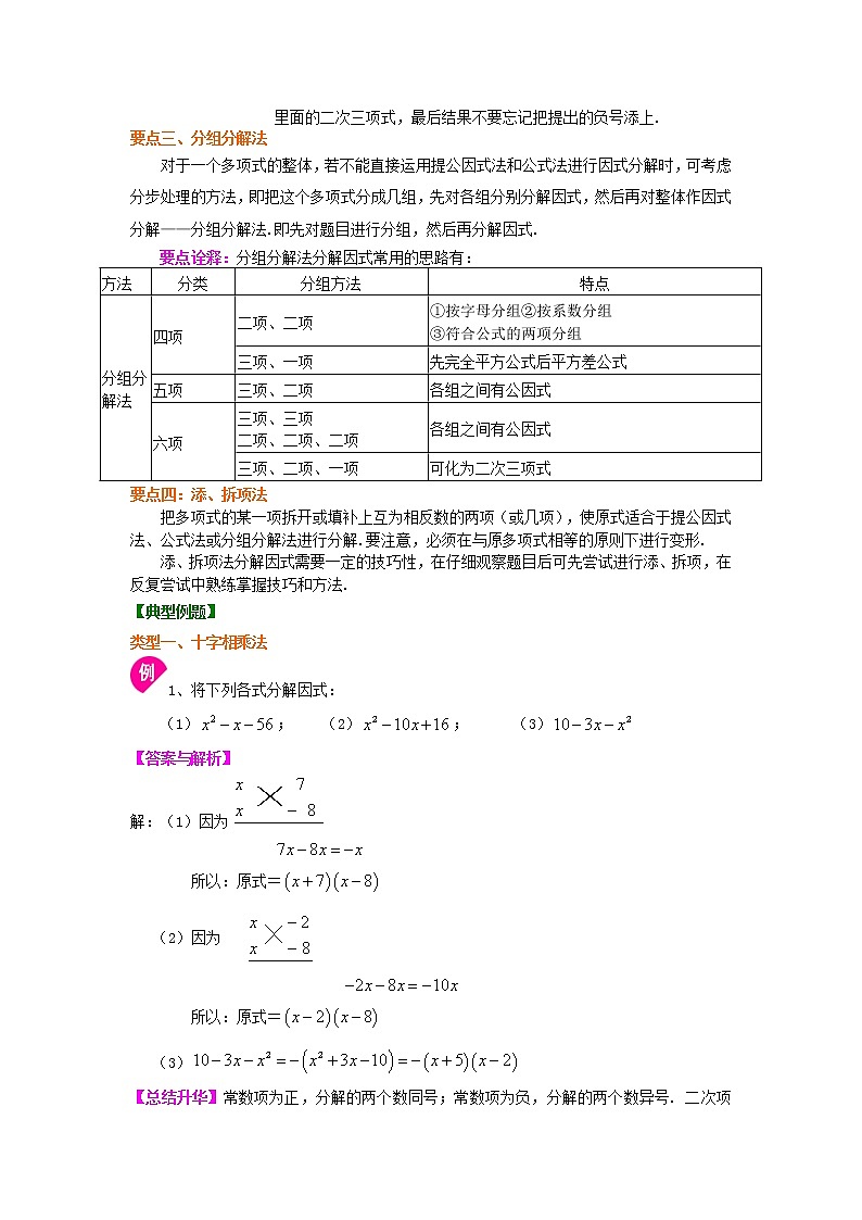 十字相乘法及分组分解法知识点及习题（基础）学案02