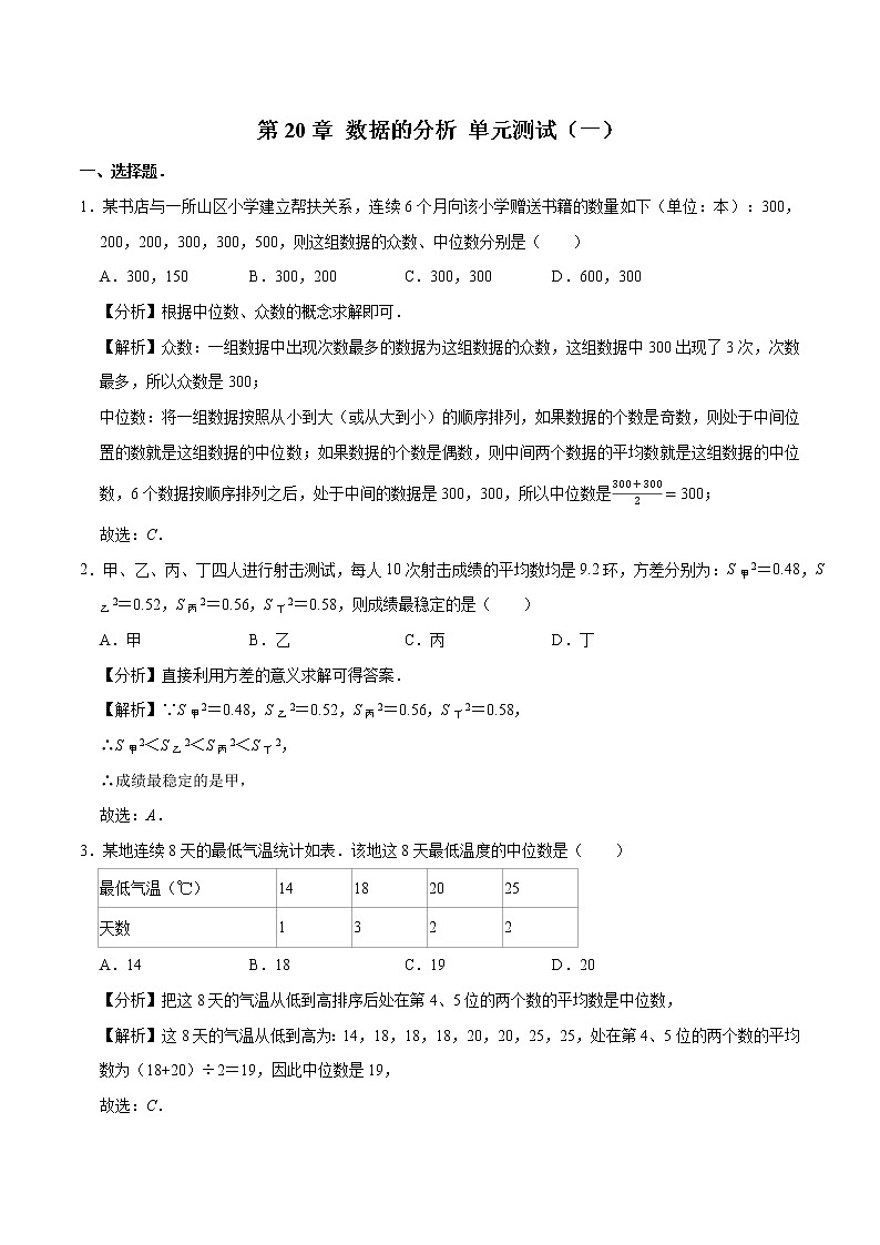 第20章 数据的分析 单元测试（一） 初中数学人教版八年级下册（2022年）01