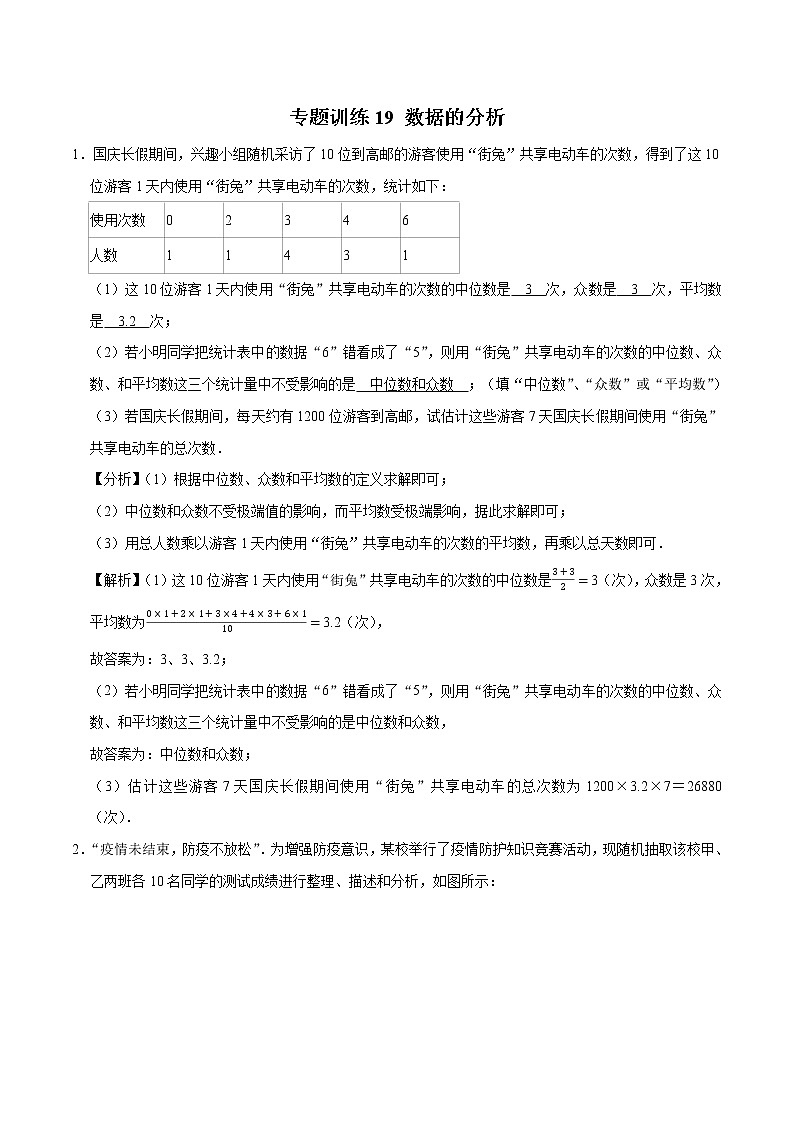 专题训练19 数据的分析 初中数学人教版八年级下册（2022年）01