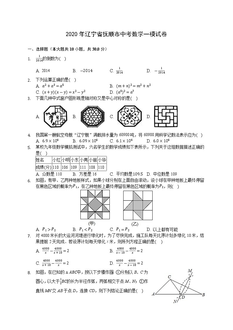 2020年辽宁省抚顺市中考数学一模试卷-(含答案解析)01