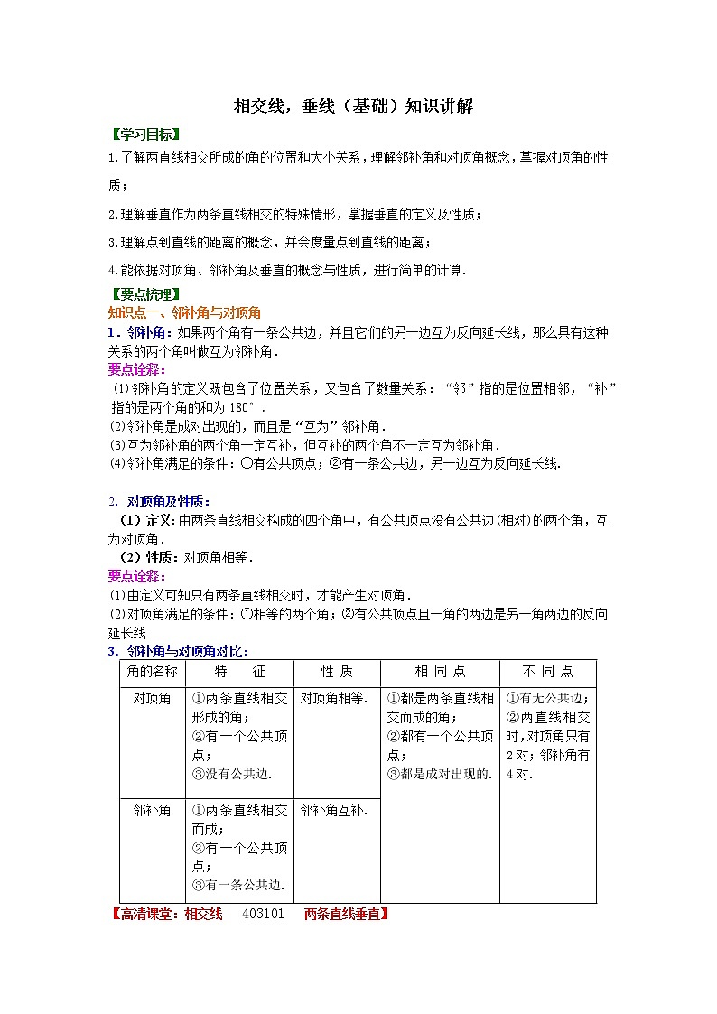 垂线（基础）知识点及习题01