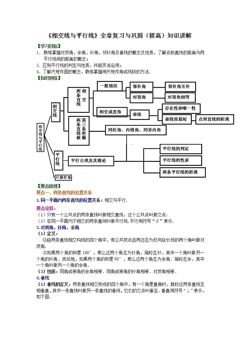 湘教版 七年级下册《相交线与平行线》全章复习与巩固（提高）知识讲解及习题学案第1页