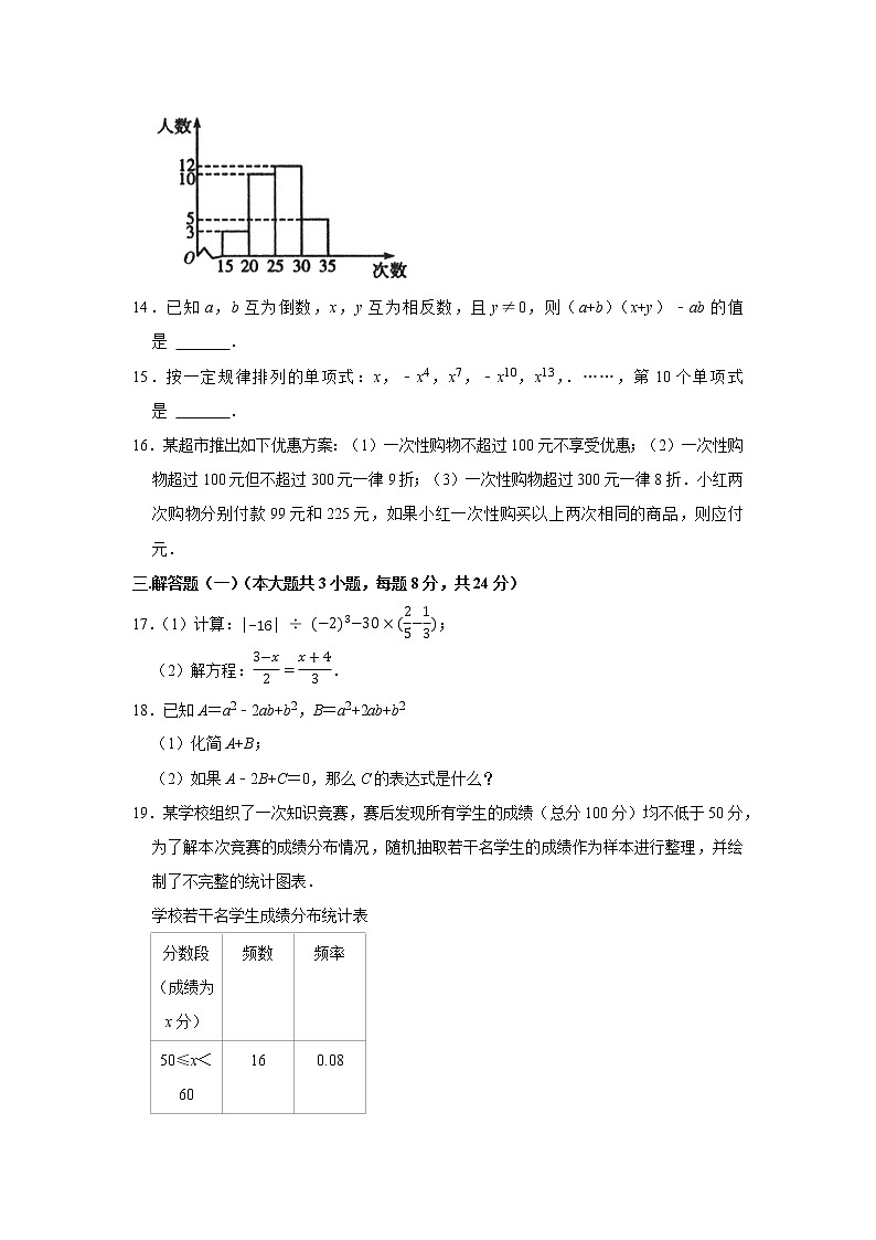 广东省佛山市禅城区2021-2022学年七年级上学期期末考试数学试卷第3页