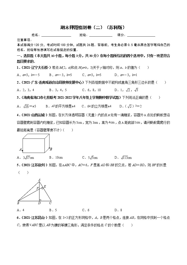 期末押题检测卷（二）【高频考点】2021-2022学年八年级数学上册高频考点专题突破（苏科版）01