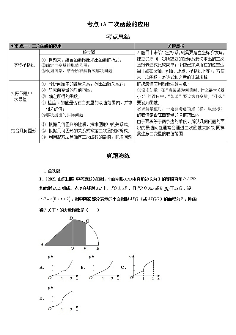 考点13二次函数的应用（解析版）-2022年数学中考一轮复习考点透析（华师大版） 试卷01