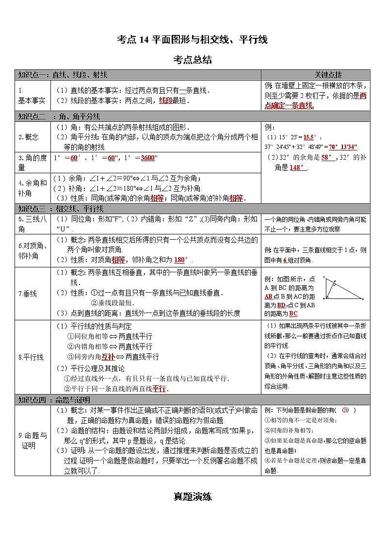 考点14平面图形与相交线、平行线（解析版）-2022年数学中考一轮复习考点透析（华师大版） 试卷01