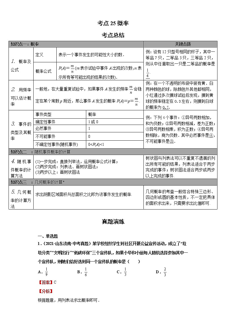 考点25概率（解析版）-2022年数学中考一轮复习考点透析（华师大版）第1页