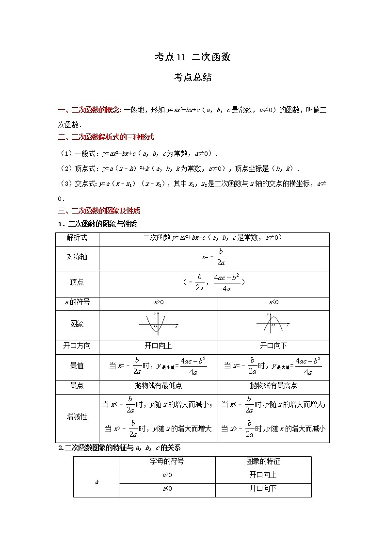 考点11 二次函数（解析版）-2022年数学中考一轮复习考点透析（冀教版） 试卷01