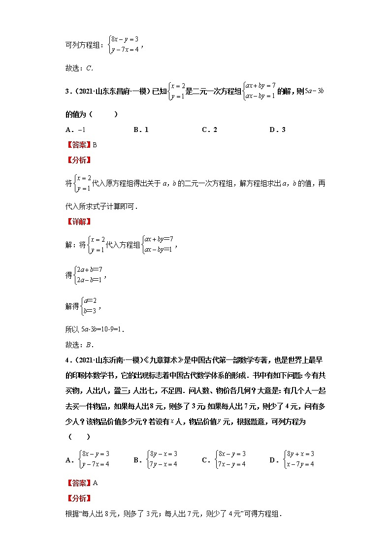 考点08二元一次方程组及其应用（解析版）-2022年数学中考一轮复习考点透析（青岛版）第3页