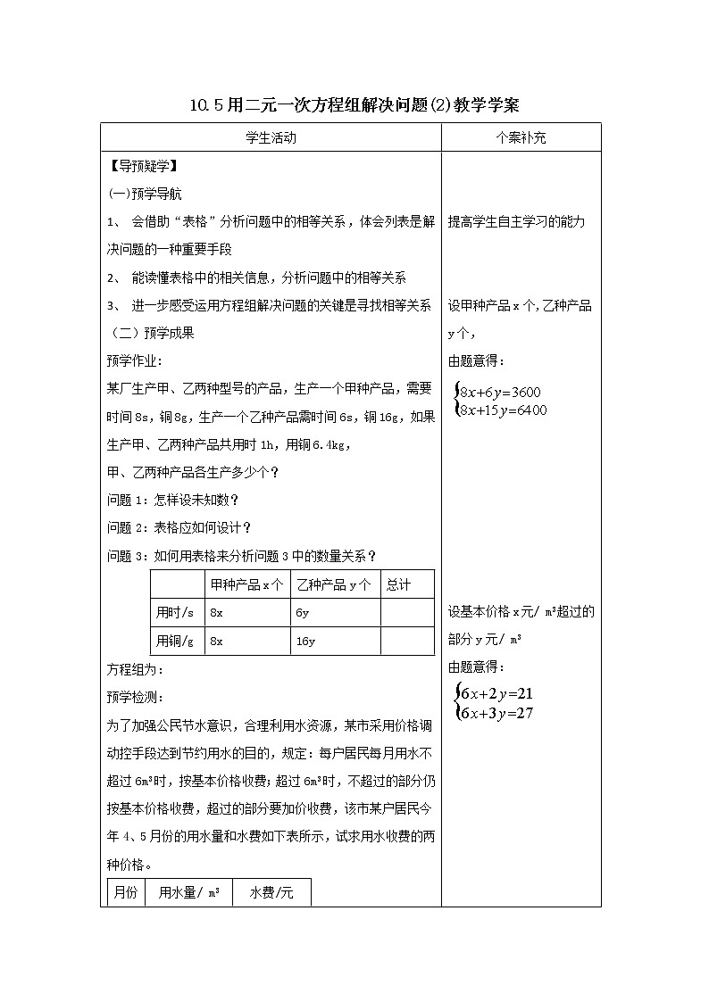 10.5 用二元一次方程组解决问题（2）教学学案第1页