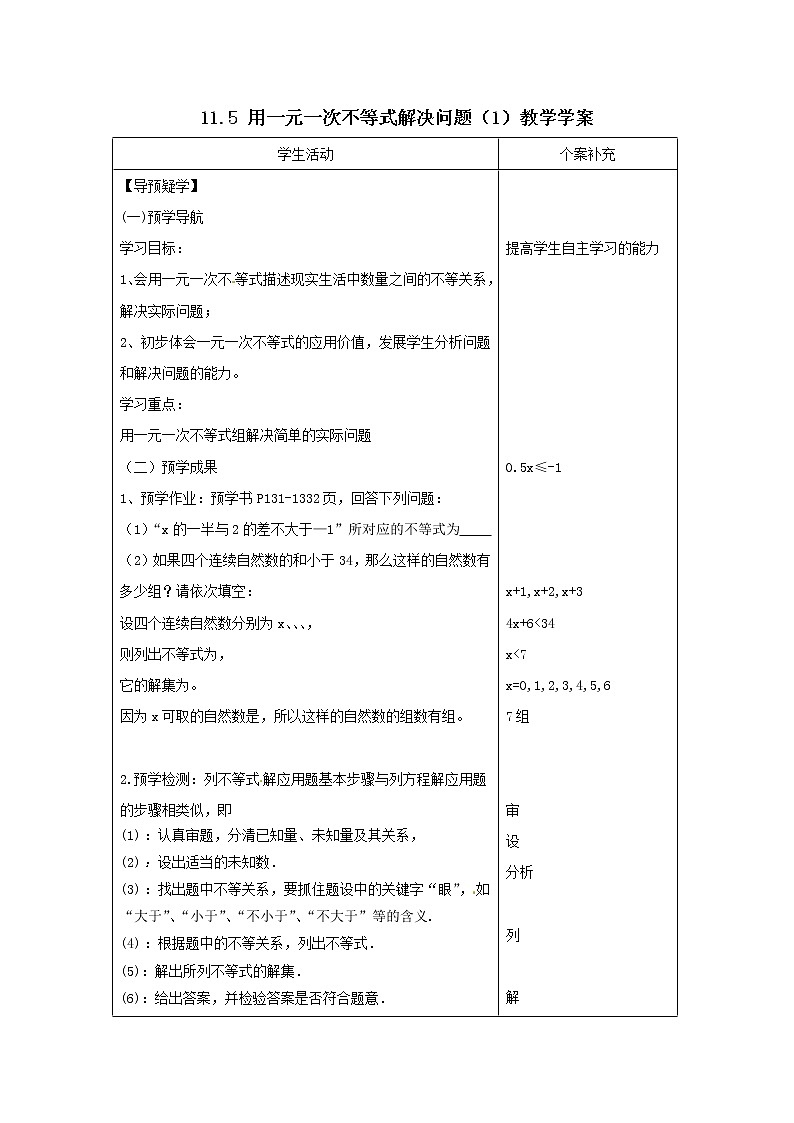11.5 用一元一次不等式解决问题（1）（课件+教案+学案+练习）01