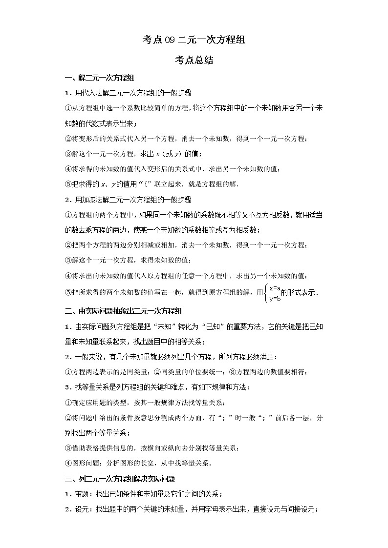 考点09二元一次方程组（解析版）-2022年数学中考一轮复习考点透析（北京版） 试卷01